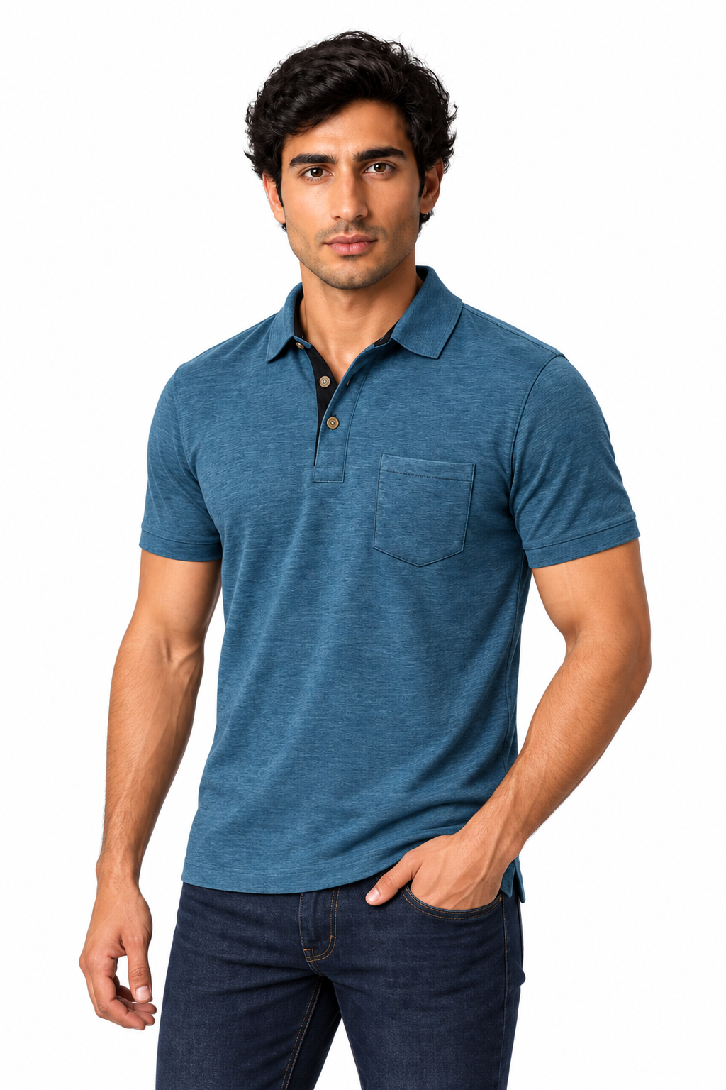 Men's Polo Shirt Moisture-Wicking Fabric Chest Pocket in Blue - perto view