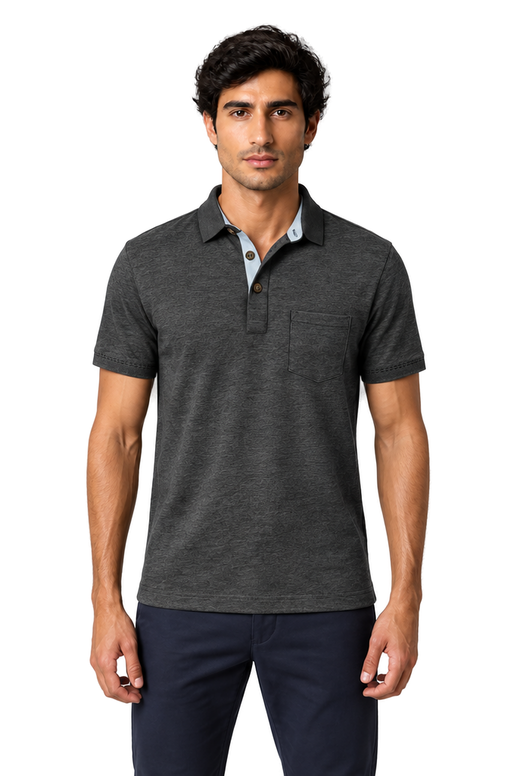 Men's Polo Shirt Moisture-Wicking Fabric Chest Pocket in Dark Gray - front view