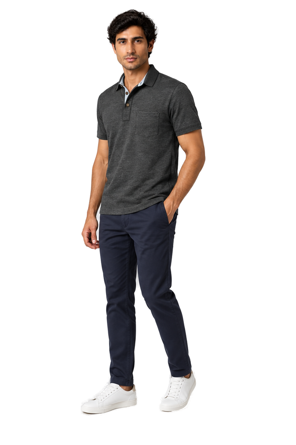 Men's Polo Shirt Moisture-Wicking Fabric Chest Pocket in Dark Gray - longinho view