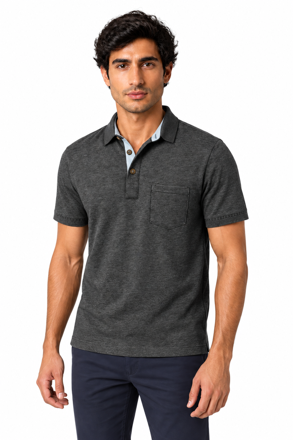 Men's Polo Shirt Moisture-Wicking Fabric Chest Pocket in Dark Gray - perto view