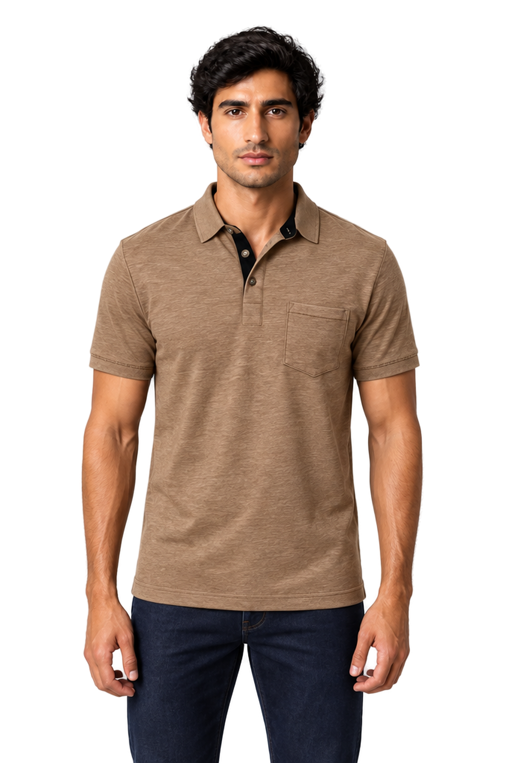 Men's Polo Shirt Moisture-Wicking Fabric Chest Pocket in Khaki - front view