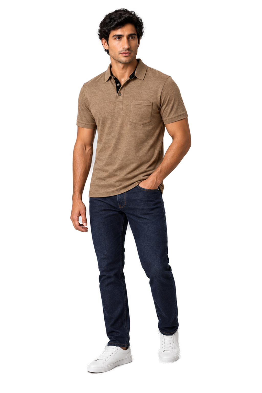 Men's Polo Shirt Moisture-Wicking Fabric Chest Pocket in Khaki - longinho view
