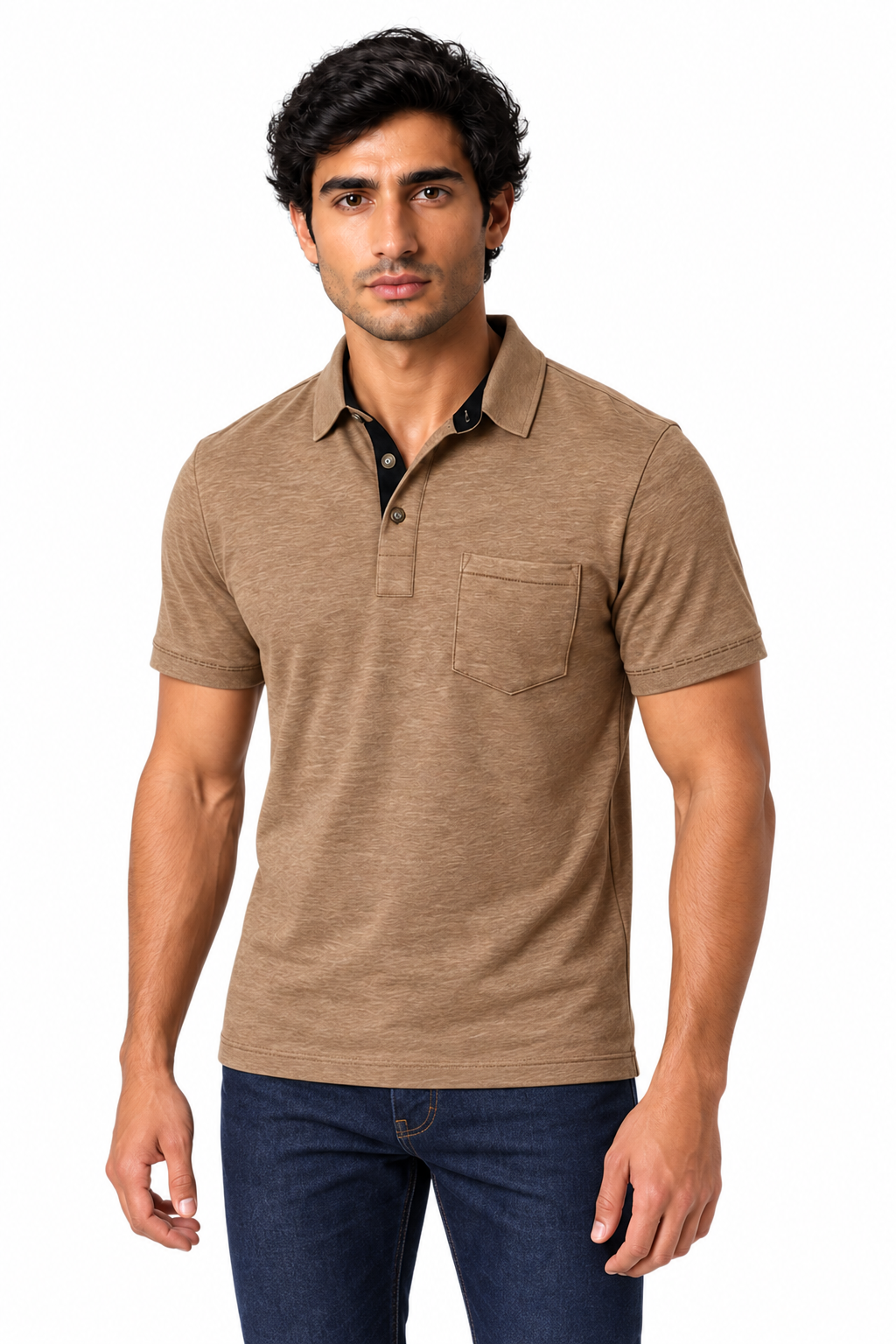 Men's Polo Shirt Moisture-Wicking Fabric Chest Pocket in Khaki - perto view