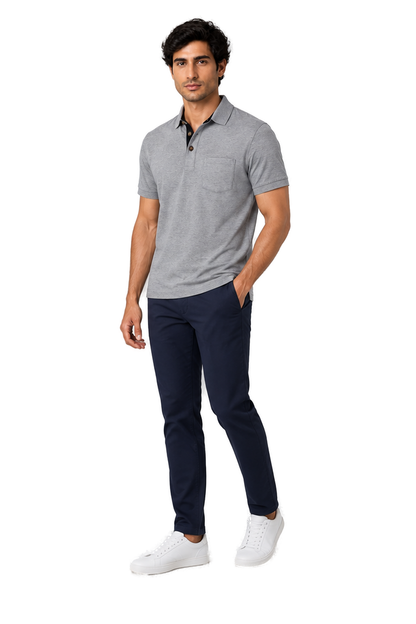Men's Polo Shirt Moisture-Wicking Fabric Chest Pocket in Light Gray - longinho view