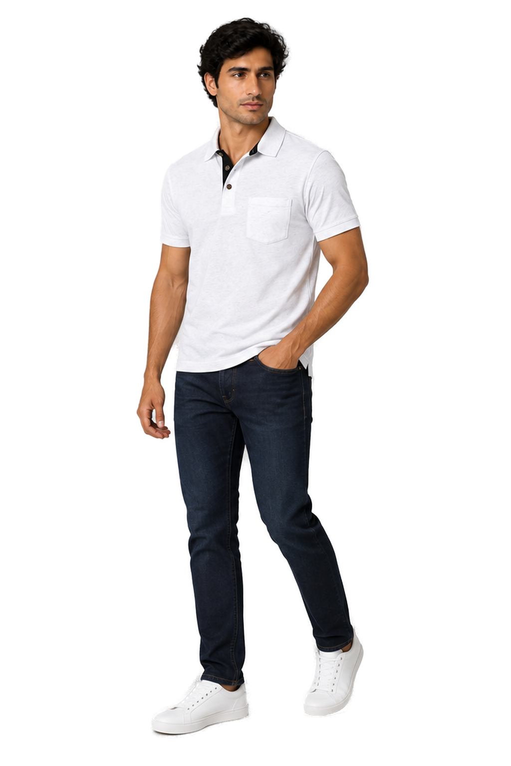 Men's Polo Shirt Moisture-Wicking Fabric Chest Pocket in White - longinho view