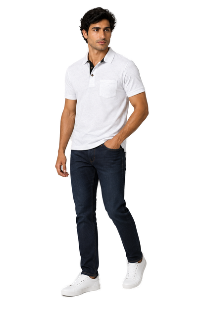 Men's Polo Shirt Moisture-Wicking Fabric Chest Pocket in White - longinho view