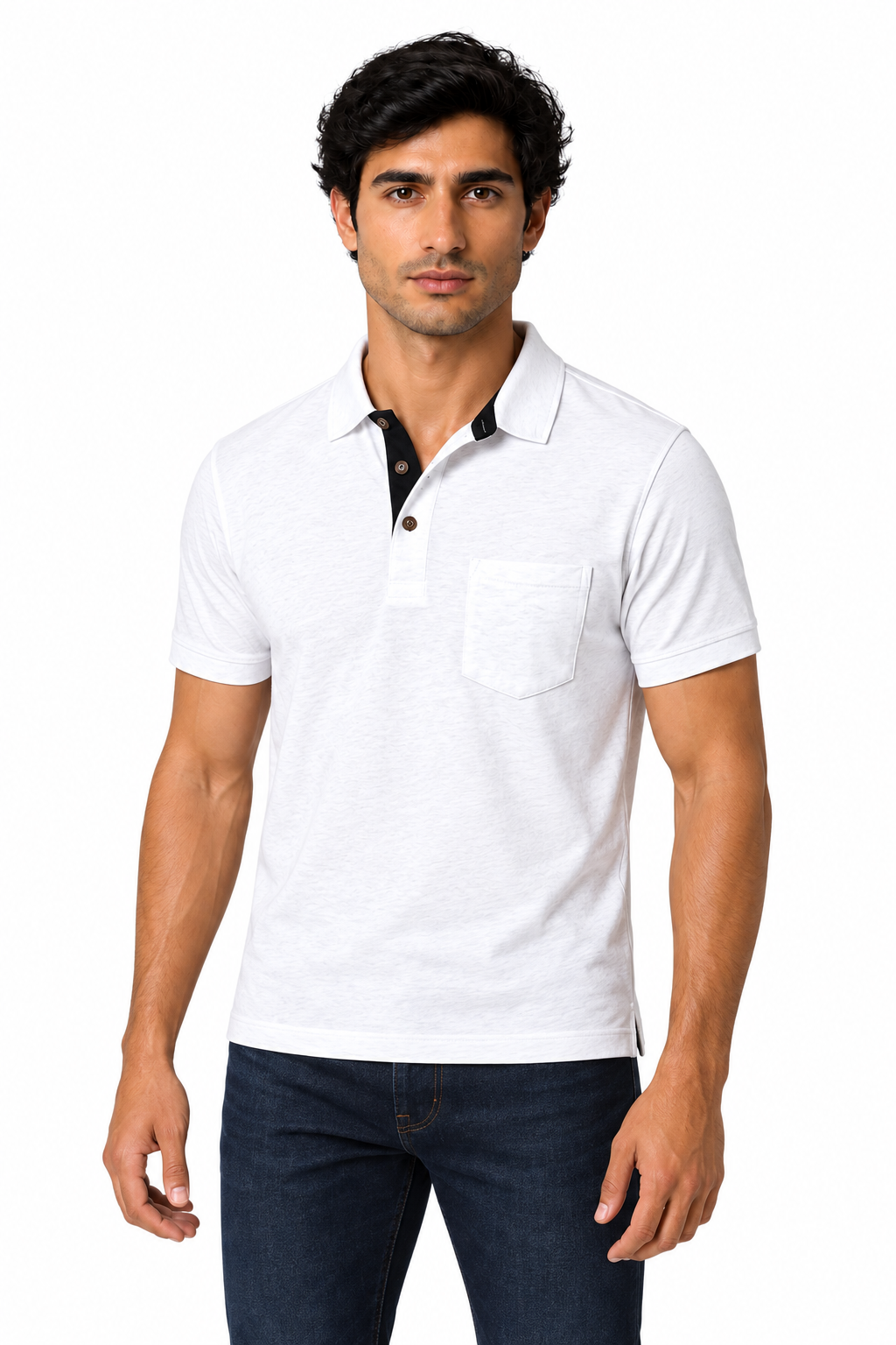 Men's Polo Shirt Moisture-Wicking Fabric Chest Pocket in White - perto view