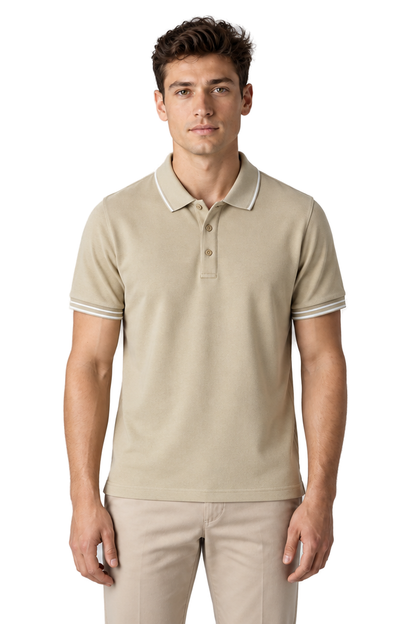 Men's Polo Shirt Smooth Knit Contrast Trim in Apricot - front view