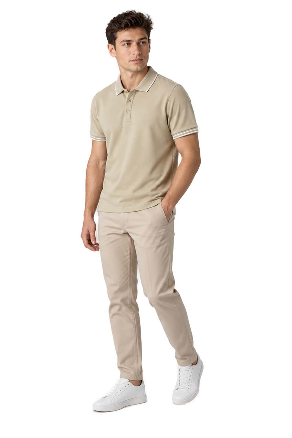 Men's Polo Shirt Smooth Knit Contrast Trim in Apricot - longinho view