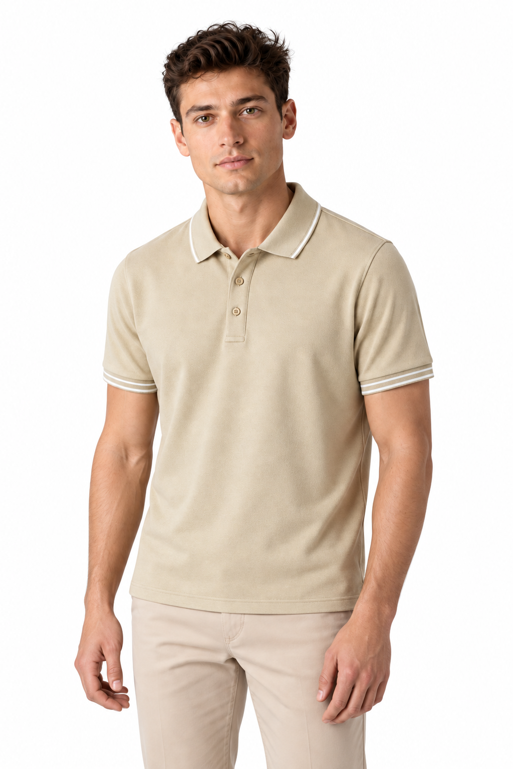 Men's Polo Shirt Smooth Knit Contrast Trim in Apricot - perto view