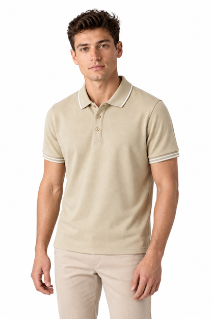 Men's Polo Shirt Smooth Knit Contrast Trim in Apricot - perto view