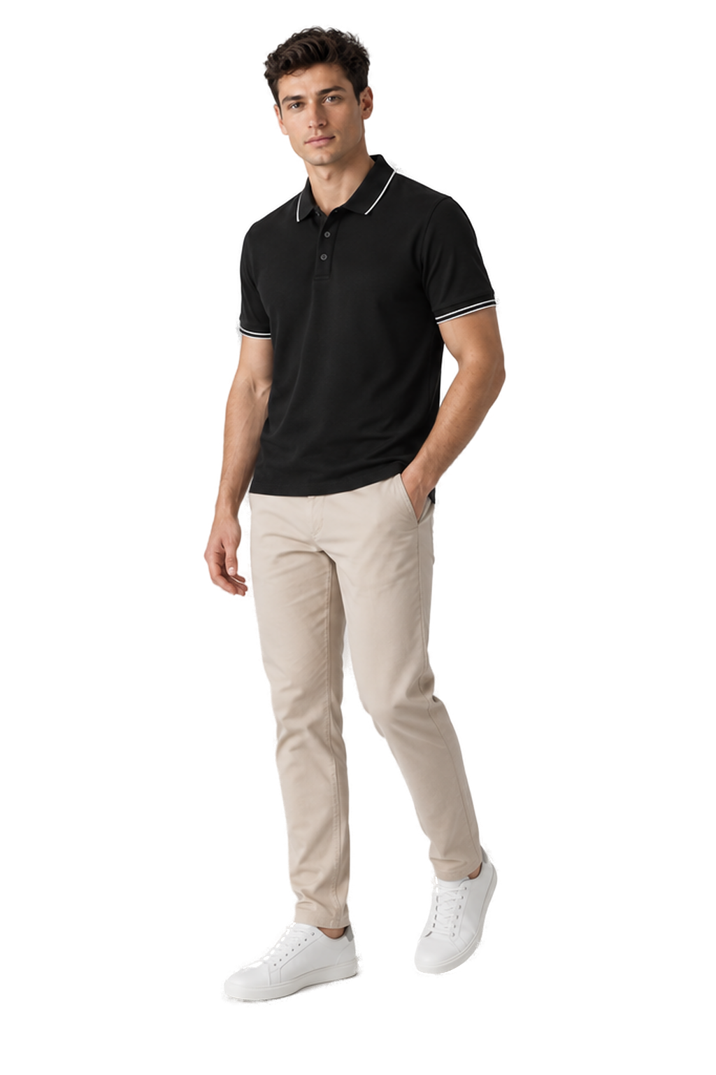 Men's Polo Shirt Smooth Knit Contrast Trim in Black - longinho view