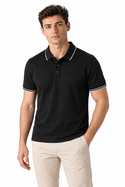 Men's Polo Shirt Smooth Knit Contrast Trim in Black - perto view