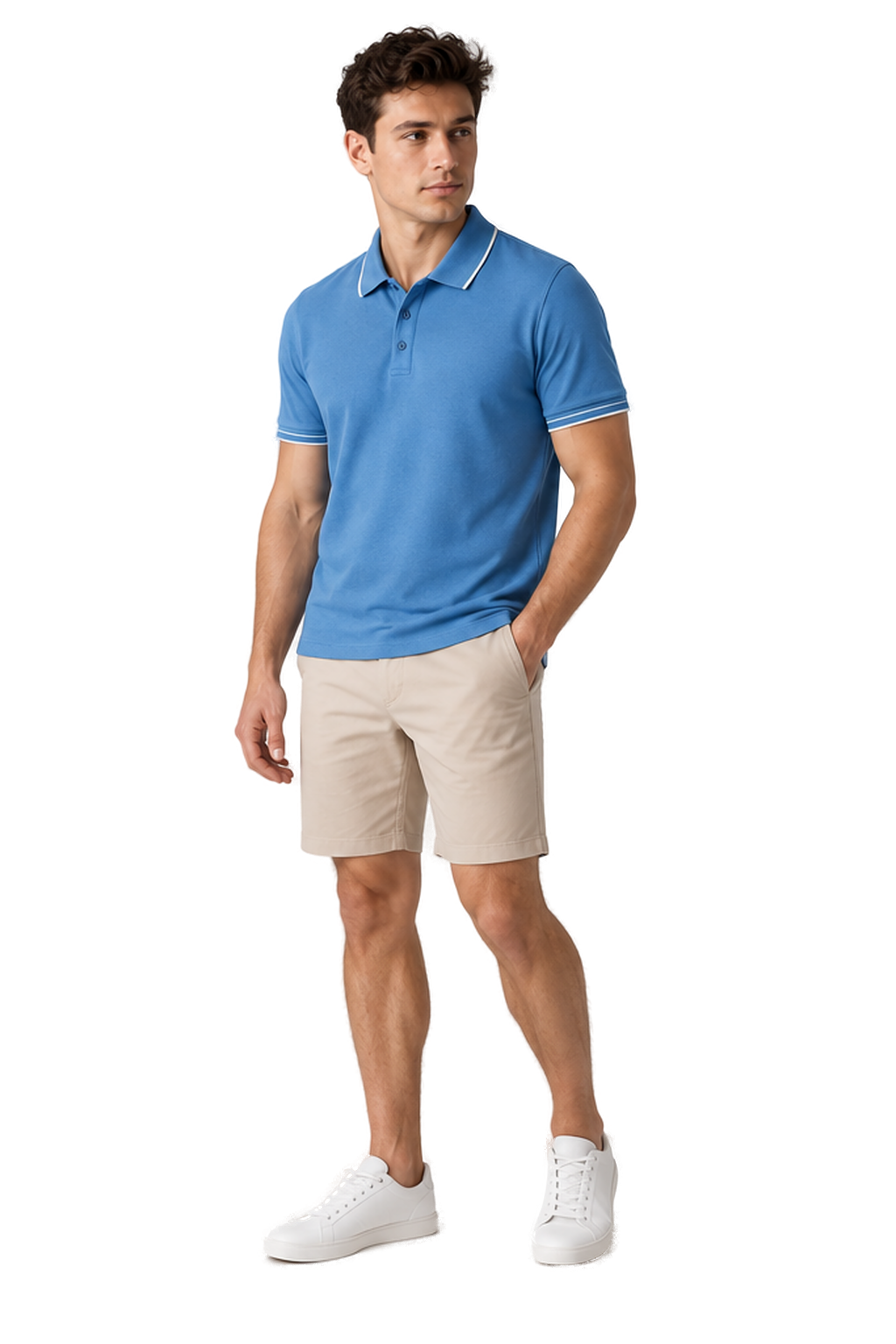Men's Polo Shirt Smooth Knit Contrast Trim in Blue - longinho view