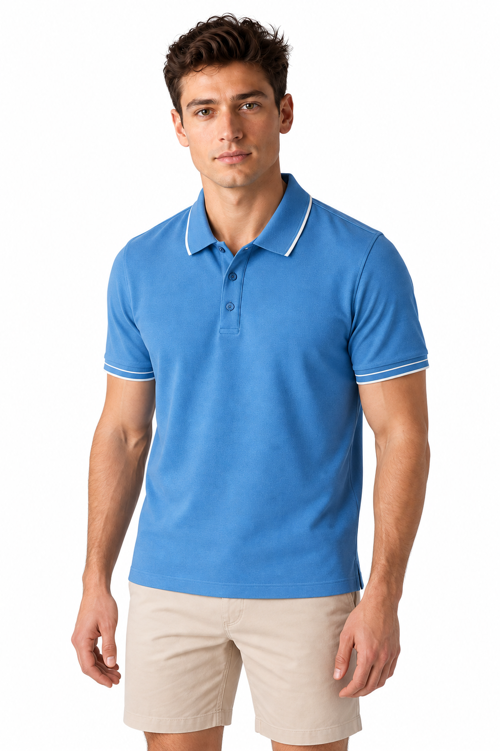 Men's Polo Shirt Smooth Knit Contrast Trim in Blue - perto view