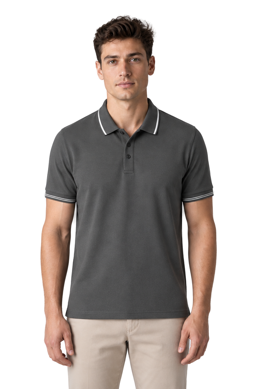 Men's Polo Shirt Smooth Knit Contrast Trim in Dark Gray - front view