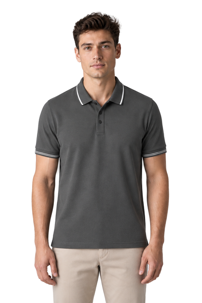 Men's Polo Shirt Smooth Knit Contrast Trim in Dark Gray - front view