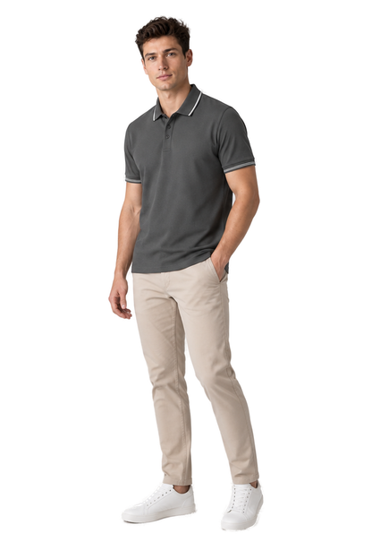 Men's Polo Shirt Smooth Knit Contrast Trim in Dark Gray - longinho view