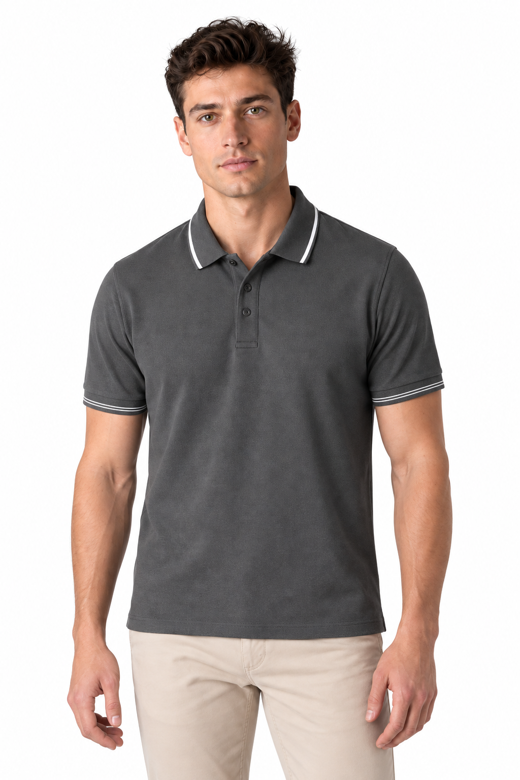 Men's Polo Shirt Smooth Knit Contrast Trim in Dark Gray - perto view