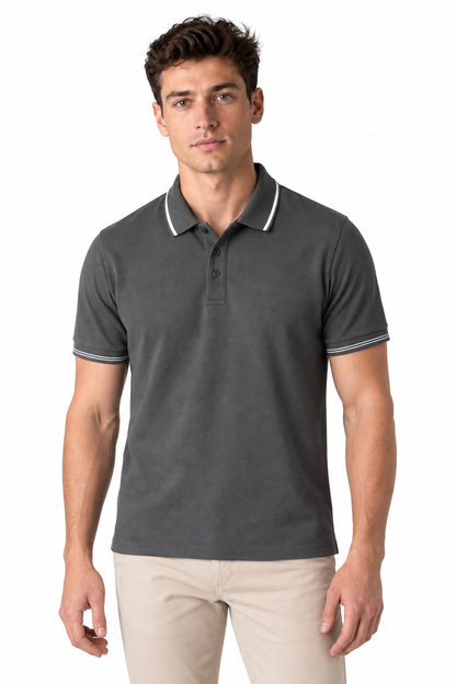 Men's Polo Shirt Smooth Knit Contrast Trim in Dark Gray - perto view