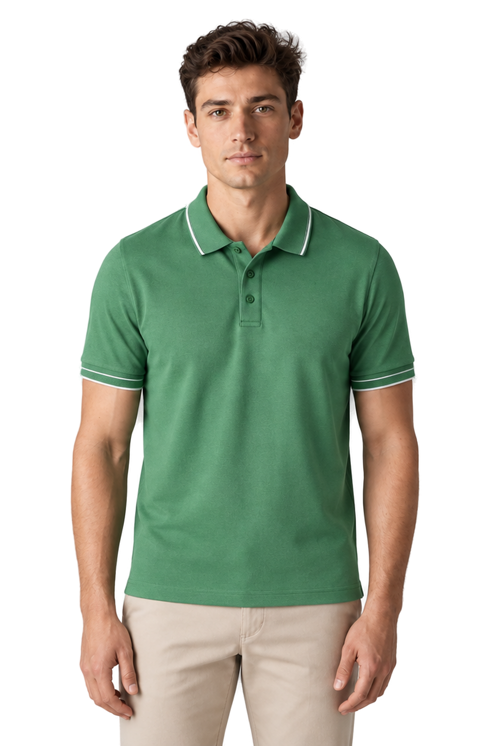 Men's Polo Shirt Smooth Knit Contrast Trim in Green - front view