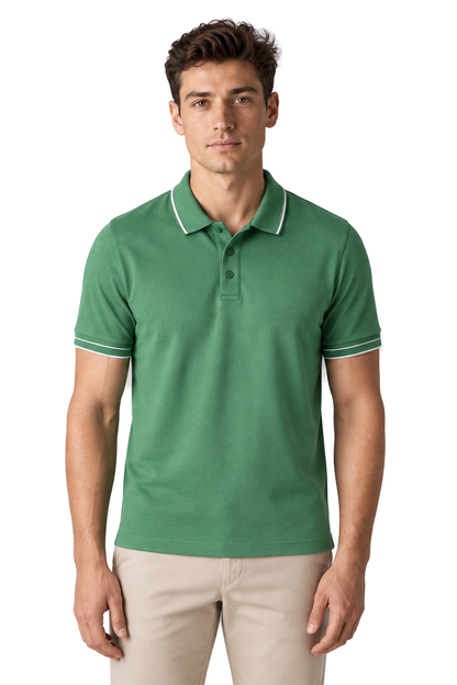 Men's Polo Shirt Smooth Knit Contrast Trim in Green - front view