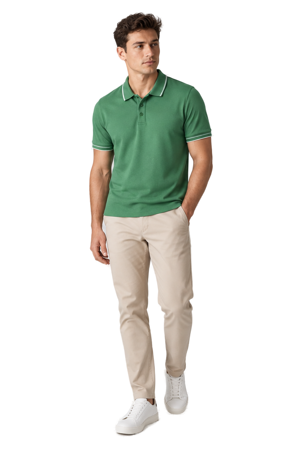 Men's Polo Shirt Smooth Knit Contrast Trim in Green - longinho view