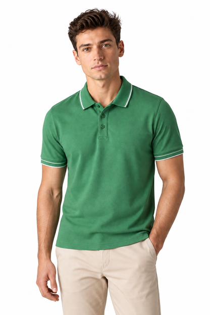 Men's Polo Shirt Smooth Knit Contrast Trim in Green - perto view