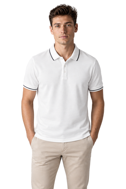 Men's Polo Shirt Smooth Knit Contrast Trim in White - front view