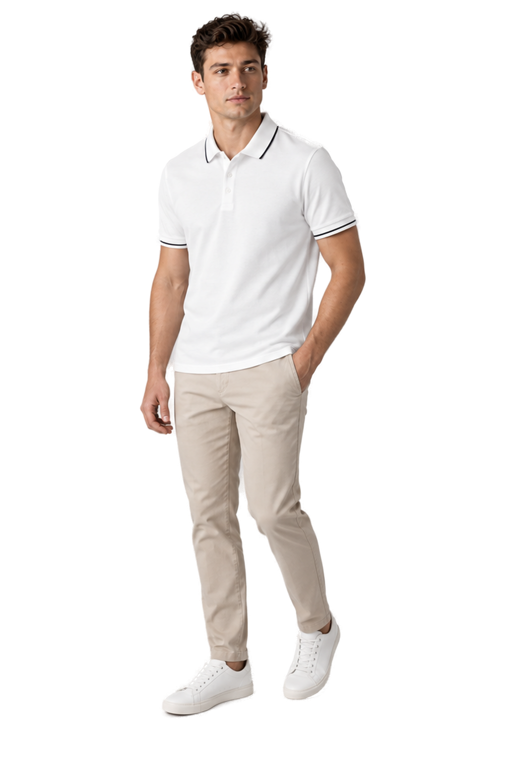 Men's Polo Shirt Smooth Knit Contrast Trim in White - longinho view