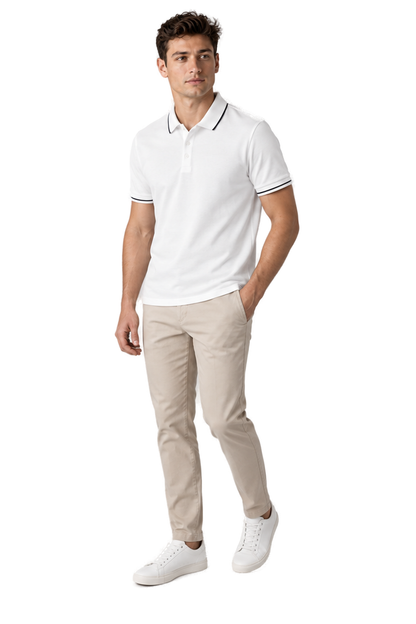 Men's Polo Shirt Smooth Knit Contrast Trim in White - longinho view
