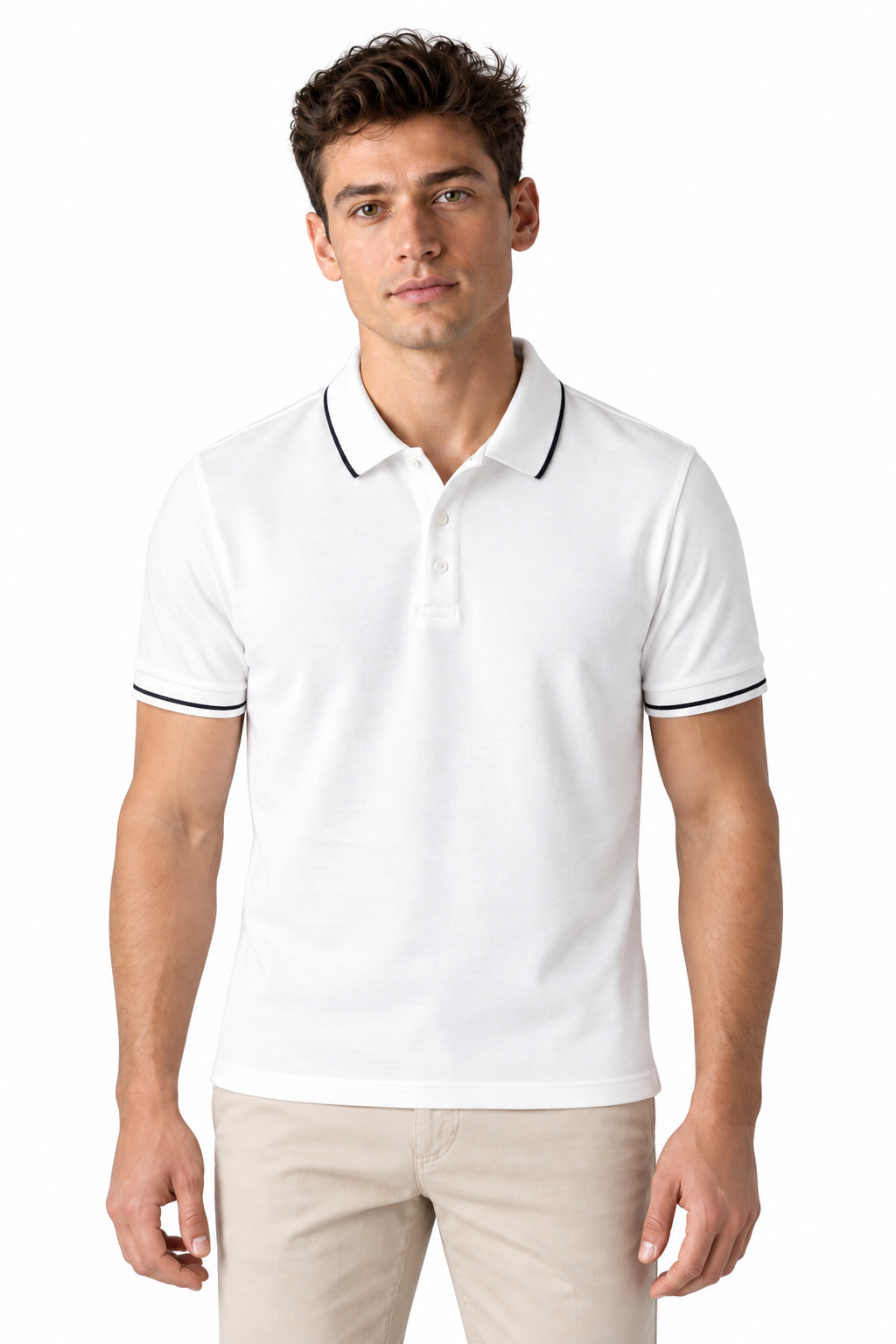 Men's Polo Shirt Smooth Knit Contrast Trim in White - perto view