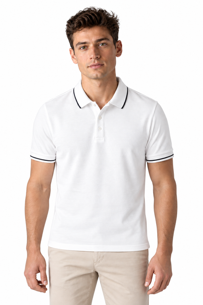 Men's Polo Shirt Smooth Knit Contrast Trim in White - perto view