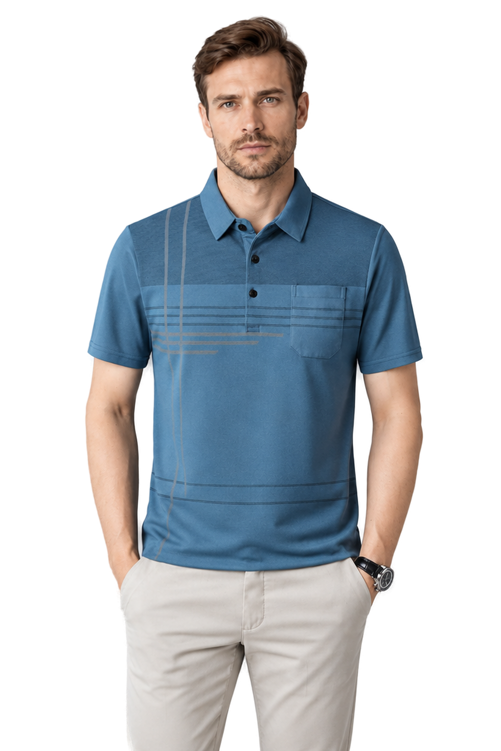Men's Polo Shirt Subtle Stripe Chest Pocket in Blue - front view