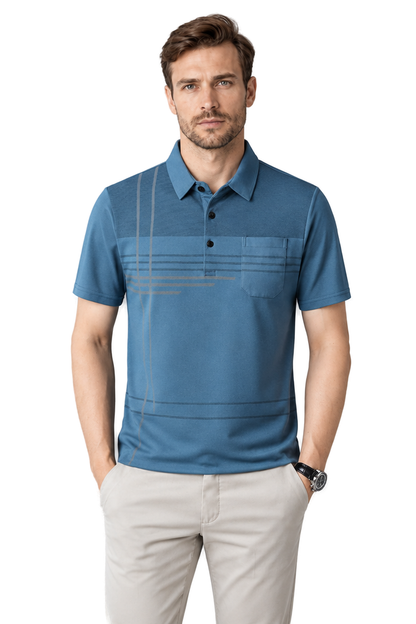 Men's Polo Shirt Subtle Stripe Chest Pocket in Blue - front view