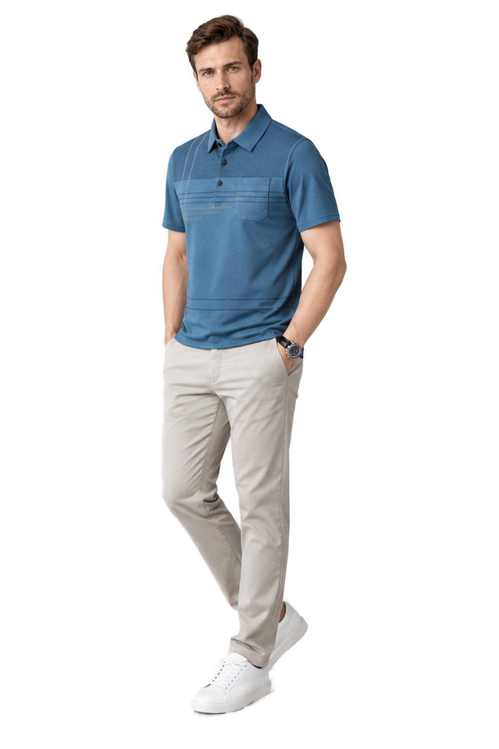 Men's Polo Shirt Subtle Stripe Chest Pocket in Blue - longinho view