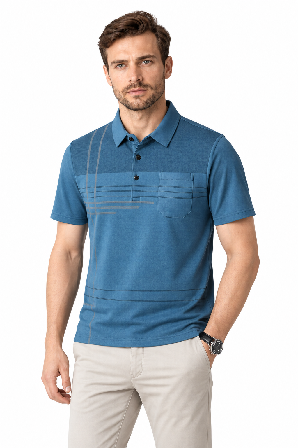 Men's Polo Shirt Subtle Stripe Chest Pocket in Blue - perto view