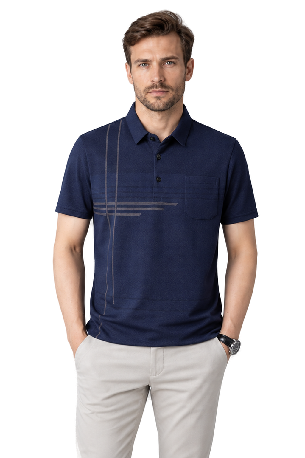 Men's Polo Shirt Subtle Stripe Chest Pocket in Dark Blue - front view