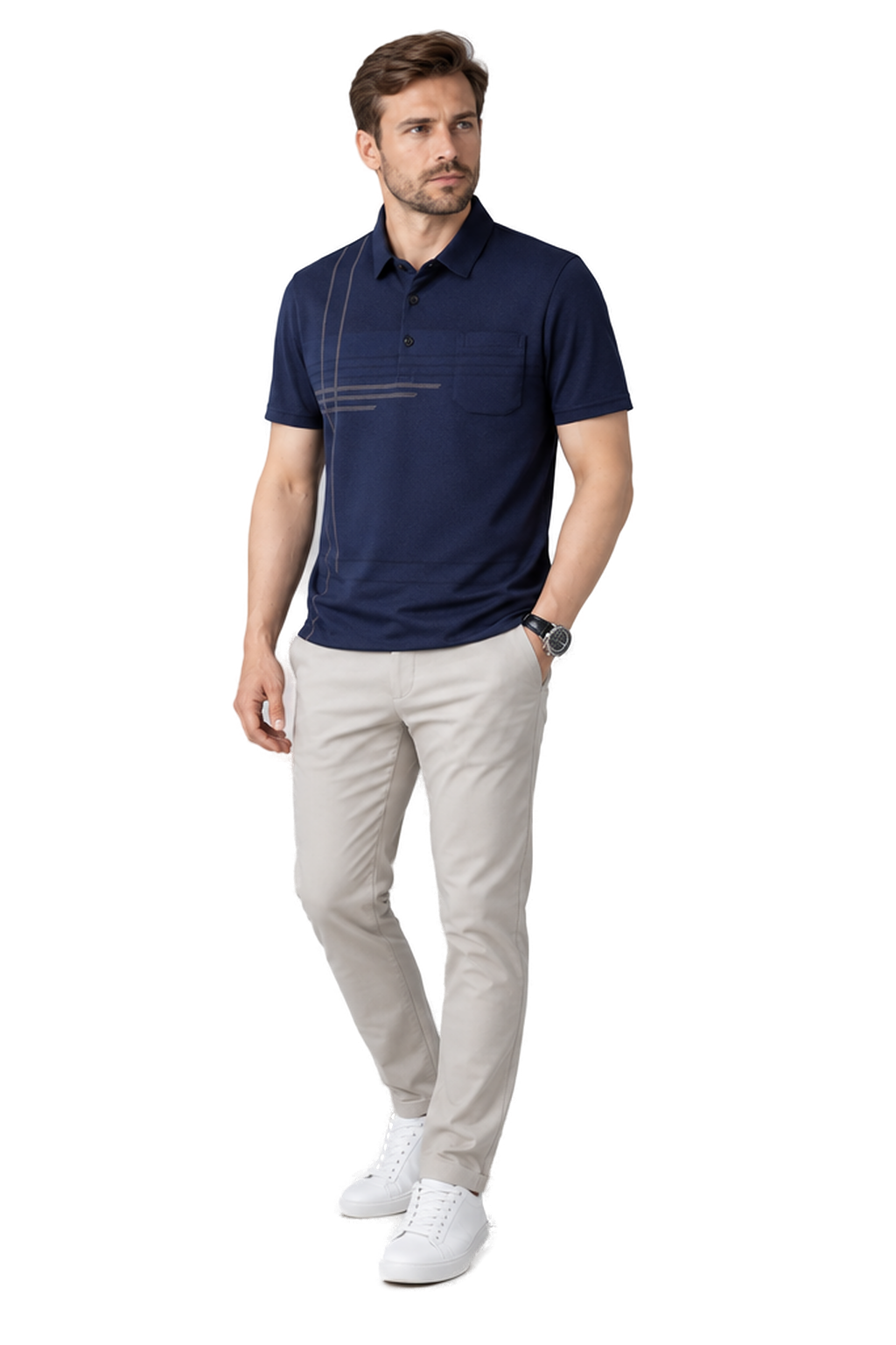 Men's Polo Shirt Subtle Stripe Chest Pocket in Dark Blue - longinho view