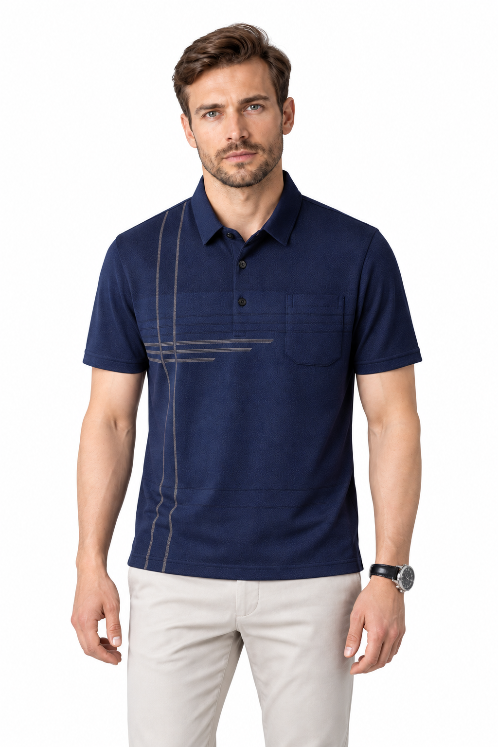 Men's Polo Shirt Subtle Stripe Chest Pocket in Dark Blue - perto view