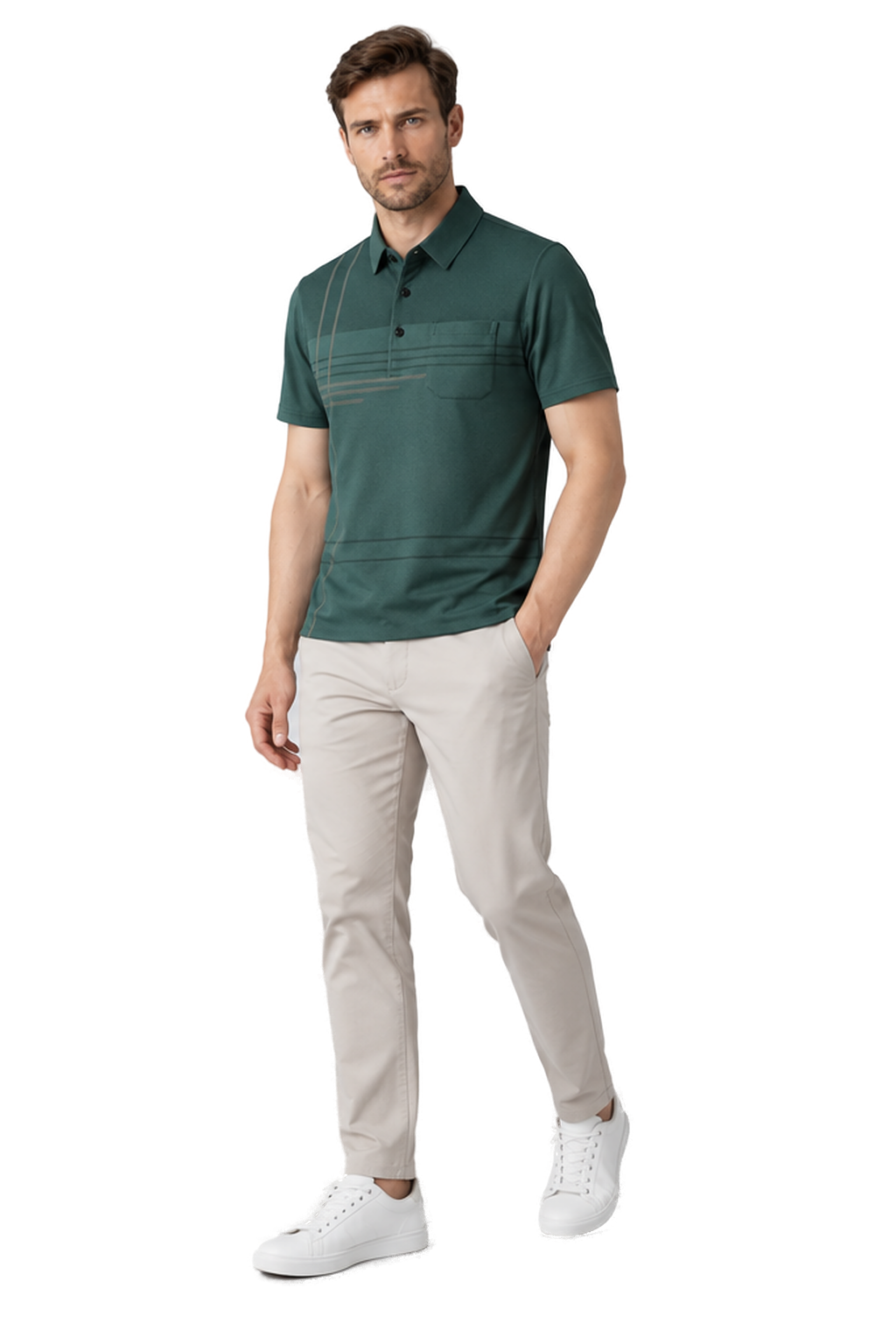 Men's Polo Shirt Subtle Stripe Chest Pocket in Dark Green - longinho view