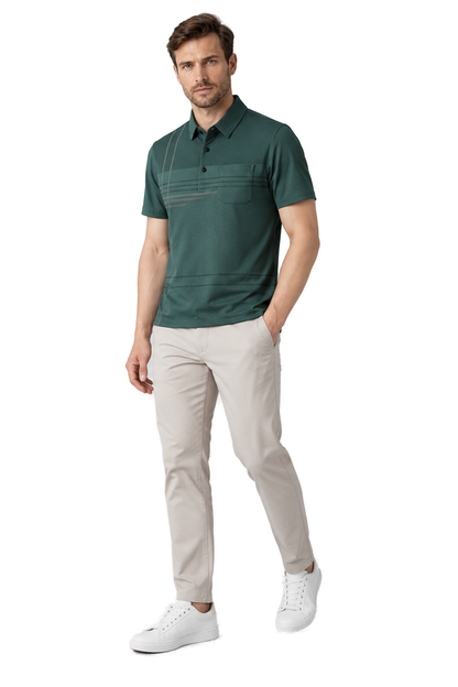 Men's Polo Shirt Subtle Stripe Chest Pocket in Dark Green - longinho view