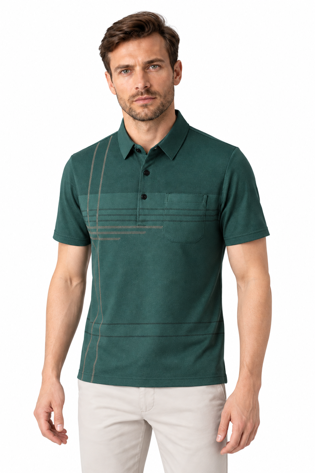 Men's Polo Shirt Subtle Stripe Chest Pocket in Dark Green - perto view