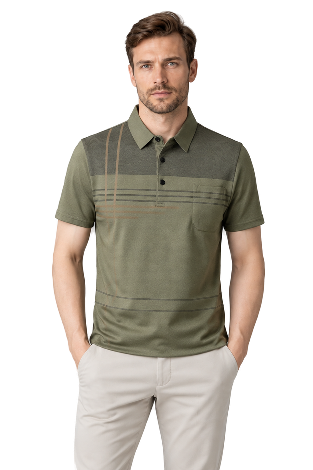 Men's Polo Shirt Subtle Stripe Chest Pocket in Green - front view