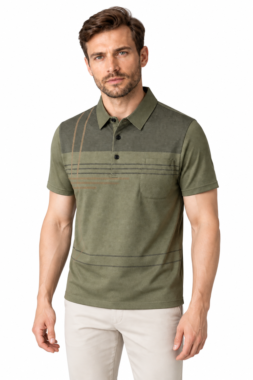 Men's Polo Shirt Subtle Stripe Chest Pocket in Green - perto view