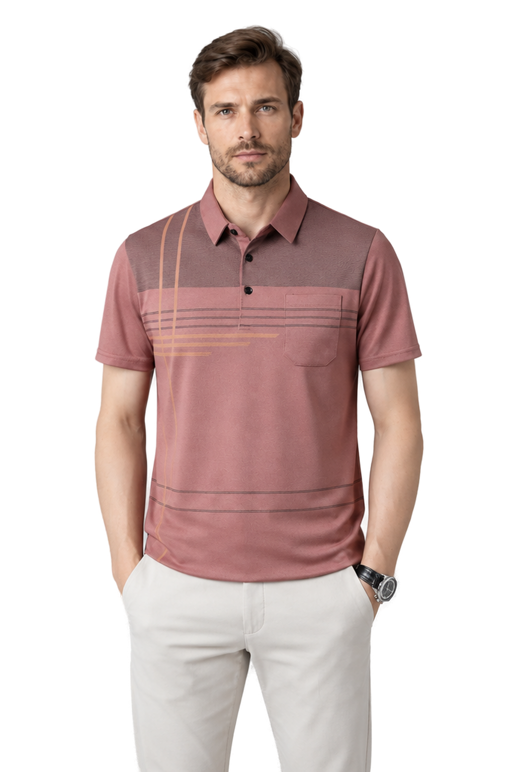 Men's Polo Shirt Subtle Stripe Chest Pocket in Pink - front view