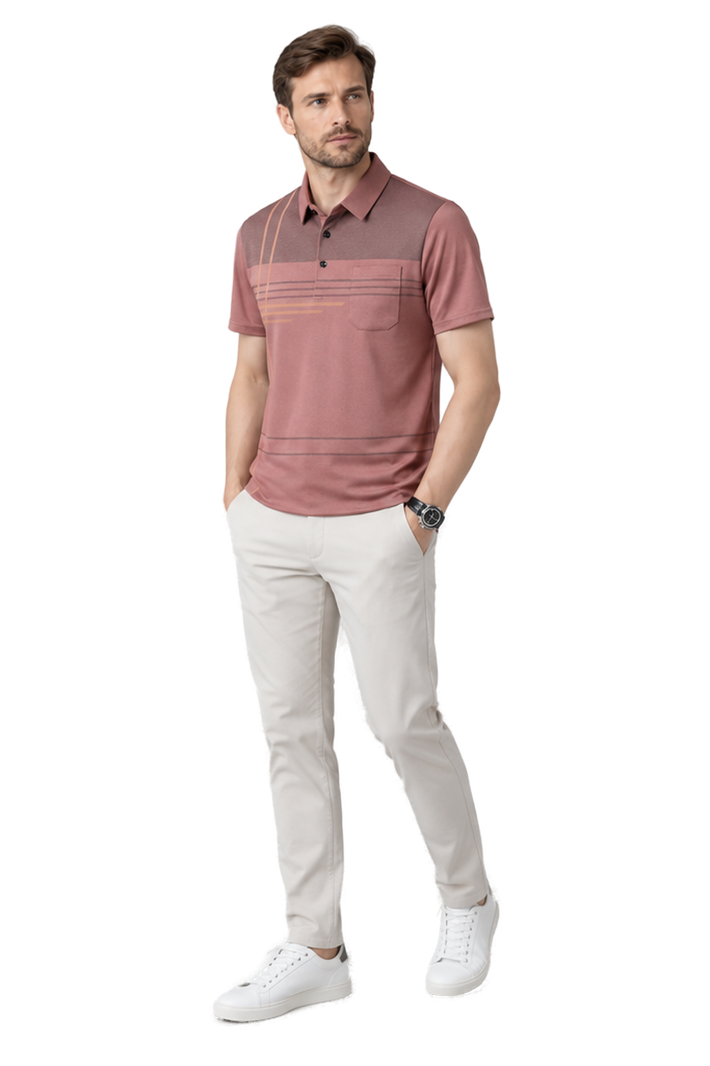 Men's Polo Shirt Subtle Stripe Chest Pocket in Pink - longinho view