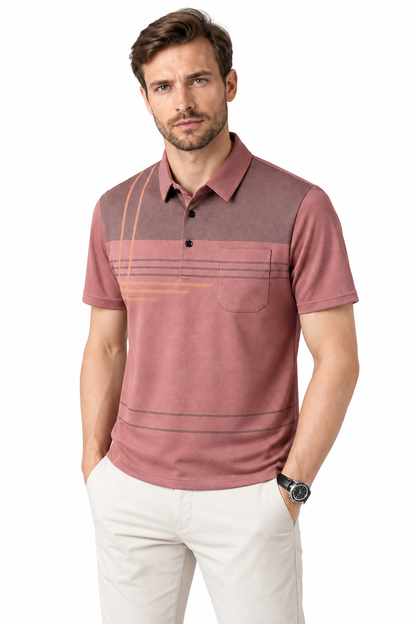 Men's Polo Shirt Subtle Stripe Chest Pocket in Pink - perto view