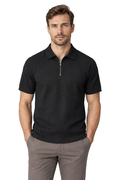 Men's Polo Shirt Textured Knit Zip Neck in Black - front view