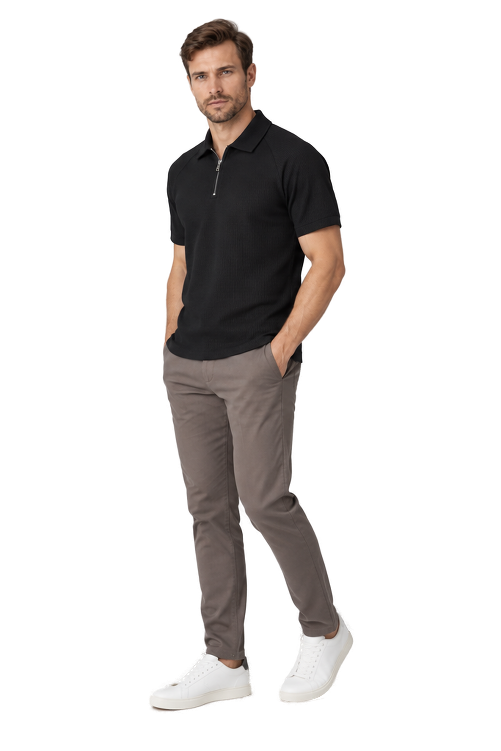 Men's Polo Shirt Textured Knit Zip Neck in Black - longinho view